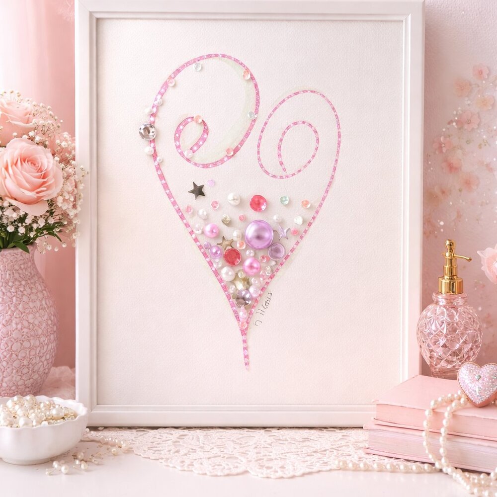 Pink Heart Mixed Media Wall Art – 8.5x11 Handmade Pearl & Sequin Embellished Art